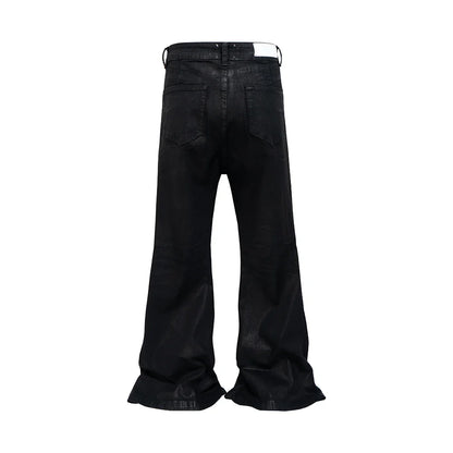 saferido Streetwear Black Glue Coated Boot Cut for Men and Women Straight Baggy Casual Flare Pants Oversized Loose Denim Trousers