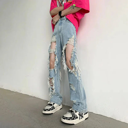 saferido Y2K Unisex Perforated Jeans Mens Summer Korean 2024 Slim Design Straight Wide Leg Denim Pants LGBT Man Sexy Ripped Fringed Jeans