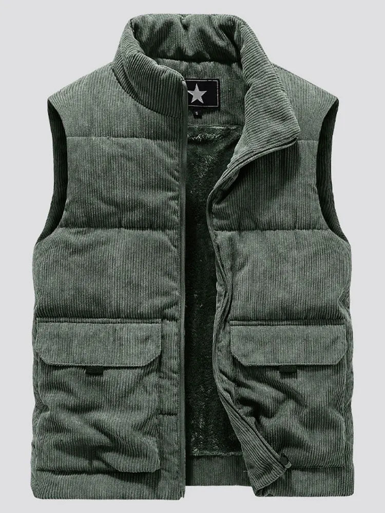 Casual Thick Vest Men Solid Winter Cargo Sleeveless Jacket Man Fashion Zippper Corduroy Turtleneck Warm Boy Outwears