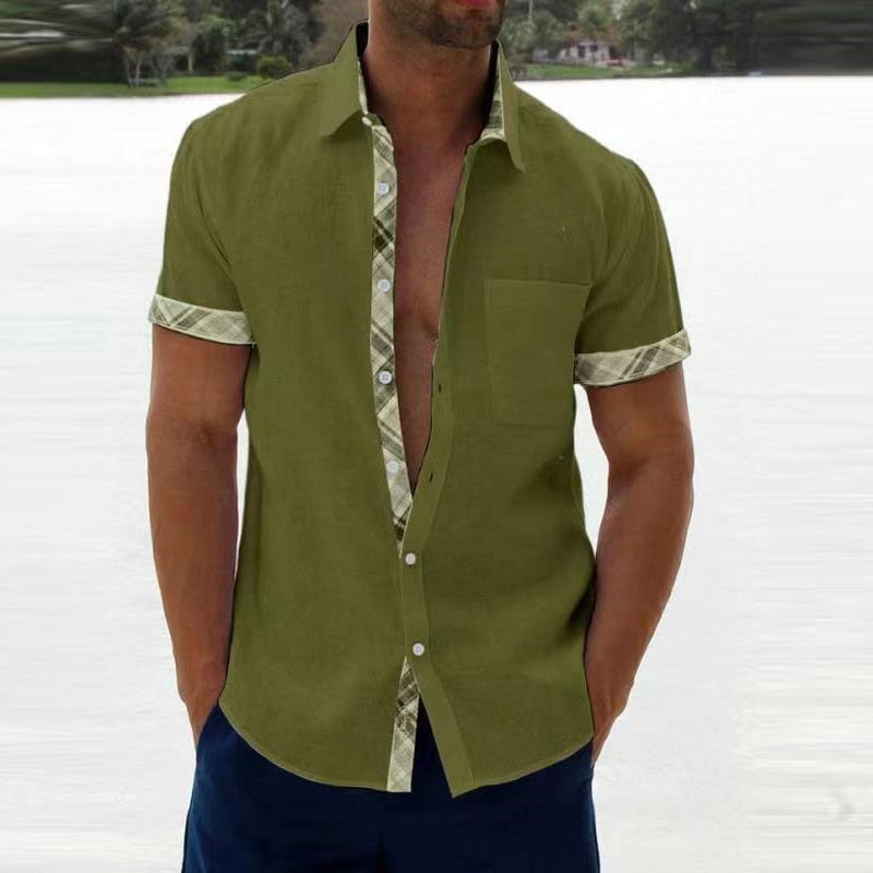 Vintage Plaid Print Mens Patchwork Shirts Fashion Loose Short Sleeve Button Cardigan Tops Men Clothes Spring Summer Casual Shirt