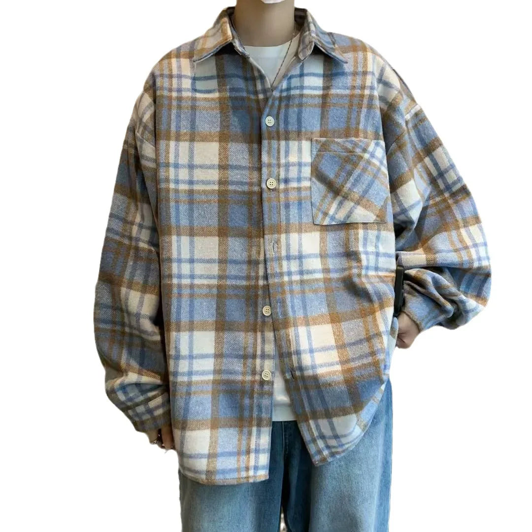 saferido Men 2024 Spring Summer Fashion Checkered Turn-down Collar Tops T-Shirt Men Clothing Casual Loose Long Sleeve Button Shirts