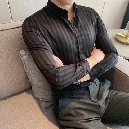 saferido  Masculina Spring Shirts Men Dress Vertical Stripe Streetwear Slim Men Shirt Casual Long Sleeve Chemise Homme Tuxedo Shirt