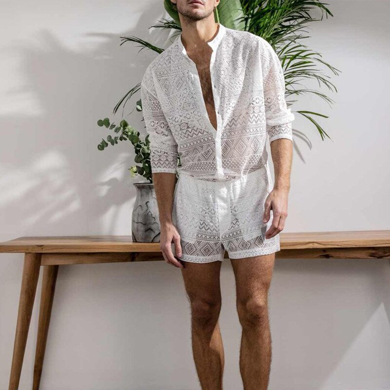 New Arrivals Men Set Summer Sexy See Through Lace Outfits Beach Fashion Short Sleeved Tops And Shorts Mens Two Piece Suits