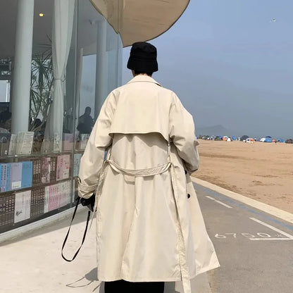 saferido Korean Style Trench Men Coat Trendy Streetwear Windbreaker Trenchcoat Solid Business Casual Streetwear Loose Long Overcoat