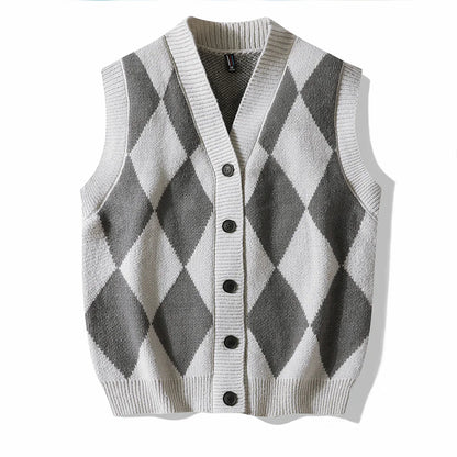 Men's Plaid Sweater Vest Sleeveless V-Neck Button Cardigan Vest Fashion Office Knitted Vest Classic Fit Tank Tops