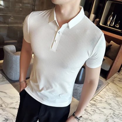 saferido Korean Style Men's Summer High Quality Elastic Force Ice Silk Polo Shirts/Male Slim Fit Stripe Casual Polo Shirts 4XL