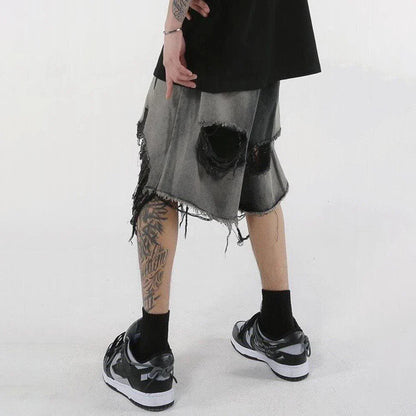 saferido High Street Loose Washed Old Ripped Shorts American Retro Shorts Summer Street Y2K Hip Hop Tassel Wide Leg Casual Denim Shorts