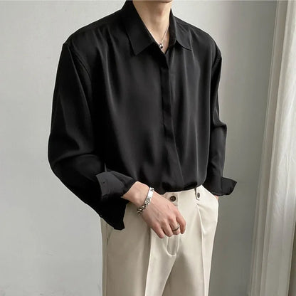 Luxury Spring Clothing Men's Casual Turn Down Collar Texture Shirts Vintage Buttons Solid Color Long Sleeve Leisure Clothes