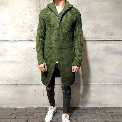 Men Button-up Long Sweater Overcoat Mens Winter Fall Long Sleeve Knit Hooded Cardigans Coat Fashion Solid Long Knitted Jackets