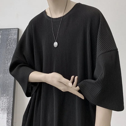 Summer Ice Silk T Shirt for Men Short Sleeve Solid Color Vertical Stripe American Loose Round Neck Half Sleeve Oversized T-shirt