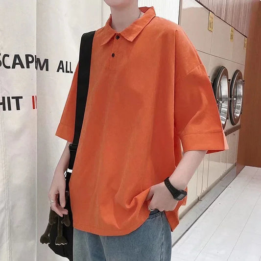 saferido Korean Style Men's Short Sleeved T-shirt Top Lapel Collar Cotton Clothes Polo T Shirts White/black/blue/orange Color Tshirts