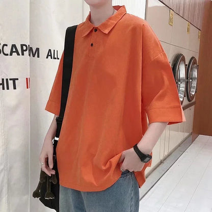 saferido Korean Style Men's Short Sleeved T-shirt Top Lapel Collar Cotton Clothes Polo T Shirts White/black/blue/orange Color Tshirts