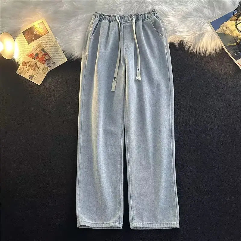 saferido Spring And Autumn Harajuku Hong Kong Style Simple Loose Trend Ins Versatile Casual Drawstring Straight Long Pants Jeans For Men