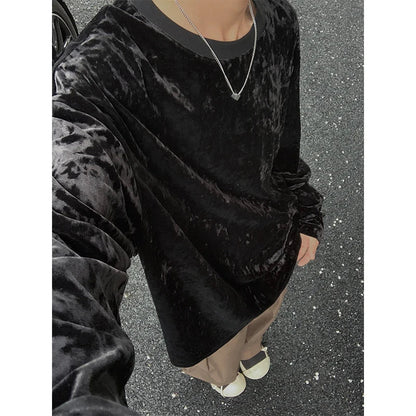 saferido Mercerized Velvet T Shirt Spring Autumn Simple Long Sleeve Tops Men's T-shirt O-neck Solid Tshirts T Shirt Men Tees Black/White