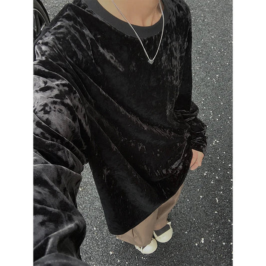 saferido Mercerized Velvet T Shirt Spring Autumn Simple Long Sleeve Tops Men's T-shirt O-neck Solid Tshirts T Shirt Men Tees Black/White