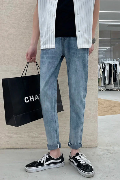 saferido Simple Blue Washed Jeans Men's Casual All-match Fashion Slim Pencil Pants Wear-resistant Spring Summer Stretch Denim Pants Thin