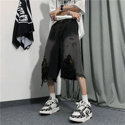 saferido New Style Ripped Denim Shorts Men's Clothing 2024 Summer Five-point Korean Casual Youth Straight Trousers Boutique Clothing