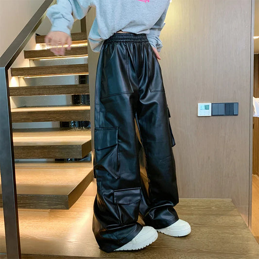 saferido Black Leather Pants Men Oversized Retro Pocket Cargo Pants Men Streetwear Hip-hop Loose Wide Leg Pants Mens Motorcycle Trousers