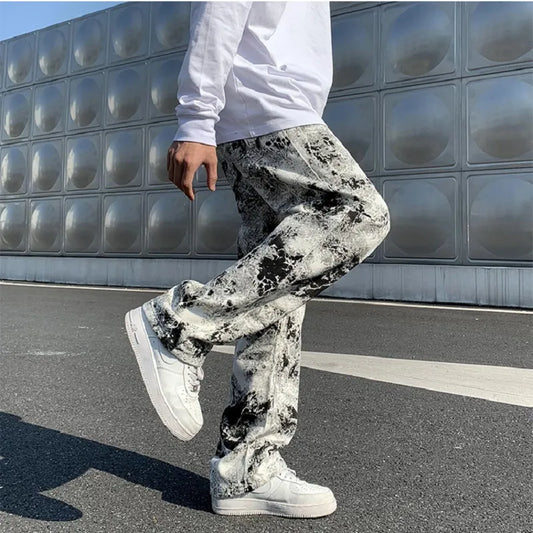 saferido Mens Fashion Printed jeans Spring Mopping Trousers Jeans Korean Style High Street Loose Hip Hop Wide-leg Jean Pants