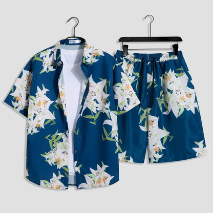 Mens Fashion Print Sets Short Sleeve Shirt+Shorts 2Pcs Suit Loose Summer Casual Beachwear Male Vacation Hawaiian Outfits