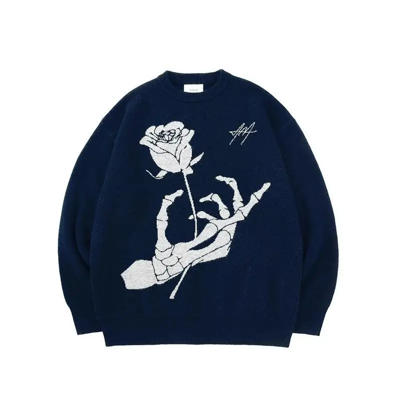 saferido Sweater Rose Skeleton Sweater Men's Autumn and Winter American Vintage Jacquard Loose and Lazy Couple Knitwear Men's and Women's