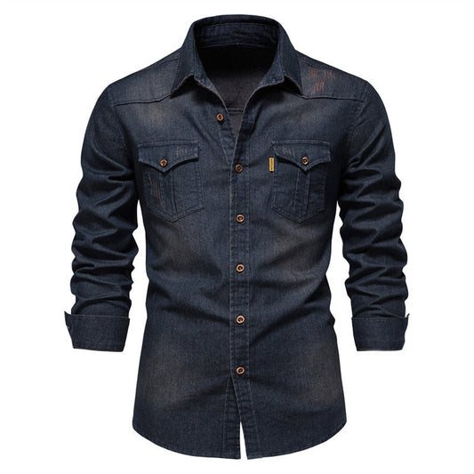 Men's Denim Shirt High Qualituy Elastic Cotton Long Sleeve Shirt Black Casual Slim Clothing Navy Blue Mens Fashion Shirt