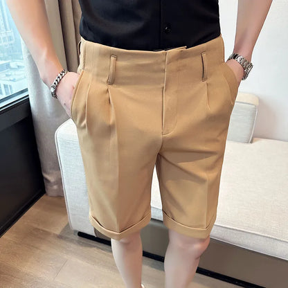 saferido British Style Summer Naples Straight Suit Shorts Men New Slim Fit Business Formal Knee Length Short Pants Hommes Streetwear