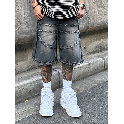 American High Street Men's Wide Leg Denim Shorts Summer New Fashion Casual Baggy Short Jeans Male Chic Burrs Clothes