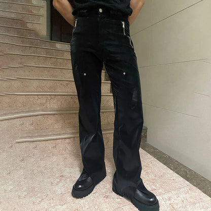 saferido Y2k Mens American Retro Design Punk Street Trousers Fashion High Waist Loose Versatile Split Liquid Leather Pants Unisex