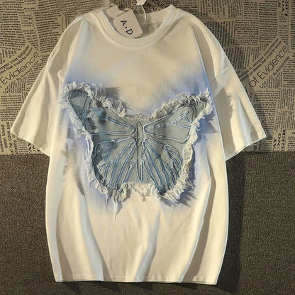 saferido American Vintage T Shirt High Street Patch Butterfly Short Sleeve O-neck T-shirt Men Women Oversize High Street Tops