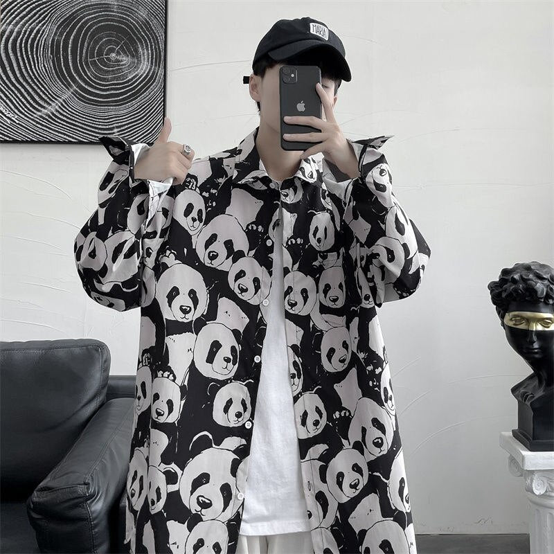 Panda Graffiti Men Casual Shirts Long Sleeve Fashion Oversized Male Cardigan Harajuku Hip Hop Blouses Unisex Clothing