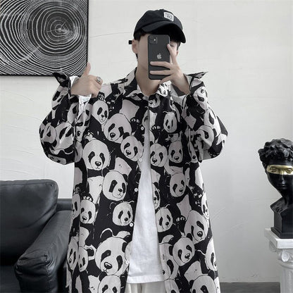 Panda Graffiti Men Casual Shirts Long Sleeve Fashion Oversized Male Cardigan Harajuku Hip Hop Blouses Unisex Clothing