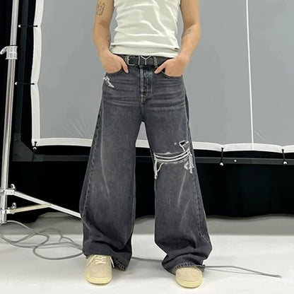 Harajuku Washed Vintage Hole Ripped Baggy Casual Jeans Pants Unisex Y2K Straight Loose Denim Trousers Streetwear Oversize Cargos