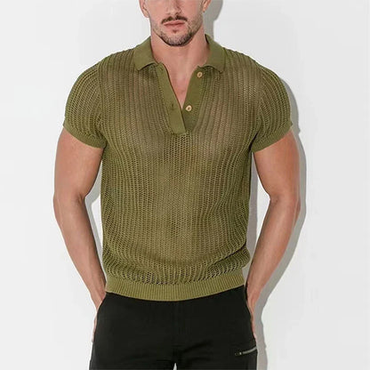 Spring Summer Mens Sexy Tops See Through Hollow Out Knitted Mesh Shirt Fashion Loose Breathable Knit Polo Shirts Men Streetwear