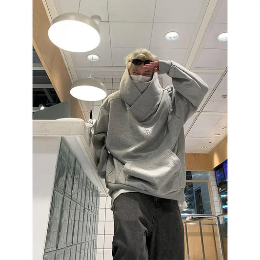 saferido Korean Street Style Solid Color High Collar Oversized Hoodie Men Fashion Loose Casual Hooded Top Harajuku New Sweatshirt Hoodie