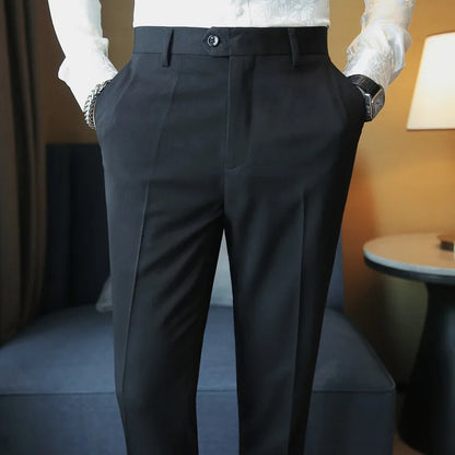 saferido Men Spring Summer Belt Decoration Casual Ankle Length Pants Fashion Slim Fit Suit Pants Streetwear Social Business Trousers