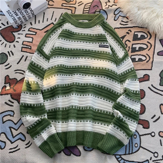 saferido Men's Knitted Pullover Korean College Style Striped Crew Neck Women Unisex Sweater Pullovers Label Design Knit Male Clothing