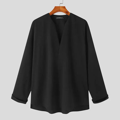 Fashion Men Shirt Solid Color Loose V Neck Long Sleeve Men Clothing Streetwear Korean Style Casual Shirts Men S-5XL
