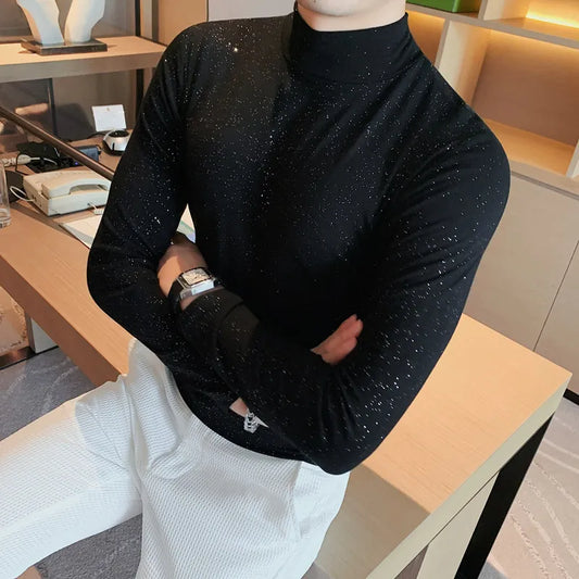 saferido  Brand Clothing Men Spring High Quality Turtleneck Pullover T-Shirts/Male Slim Fit Sequins Decoration Long Sleeve T-Shirts