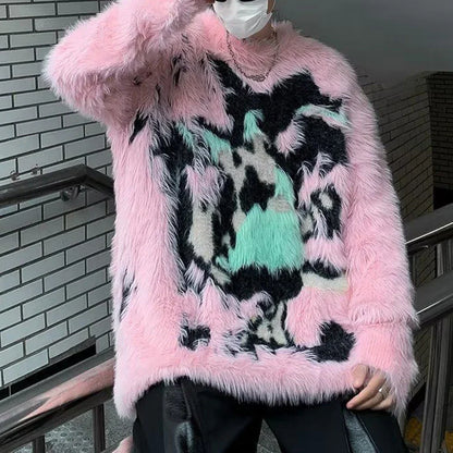 saferido Mens Y2k American Street Pink Graffiti Knitted Sweater Genderless Autumn Winter Fashion Casual Lazy Style Plush Top Unisex