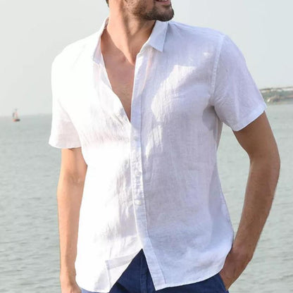 Hot Sale Men's Short-Sleeved Shirts Cotton Linen Summer Solid Color Turn-down Collar Quick Drying Casual Beach Style Plus Size
