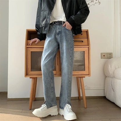 Korean Blue Jeans Men Slim Fit Fashion Casual Vintage Jeans Men Streetwear Hip-hop Straight Denim Pants Mens Trousers M-2XL