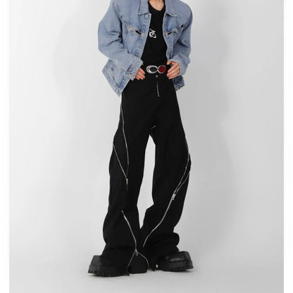 American trendy brand men black zipper design slit slightly flared pants vertical feeling straight casual pants retro trousers
