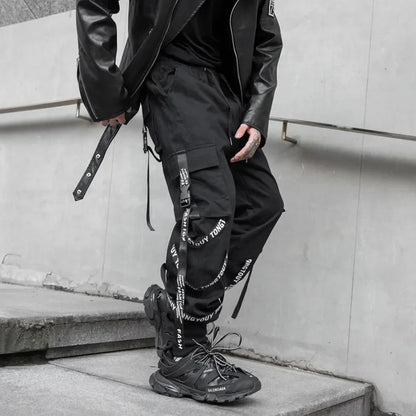 saferido Techwear Cargo Pants Men Joggers Black Cargo Trousers for Men Jogging Japanese Streetwear Hip Hop Hippie Gothic Ribbon