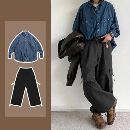 Spring Casual Men Set Retro Simplicity Pocket Denim Shirt+big Pocket Street Hip-hop Cargo Pants 2-pcs Japanese Fashion Suit