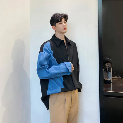 saferido Spring Autumn Korean retro denim stitching shirt men's Korean loose casual design Fashion Show Punk Rock Style Dress Shirts