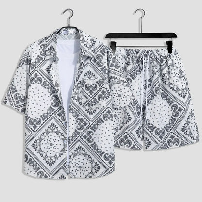 Mens Fashion Print Sets Short Sleeve Shirt+Shorts 2Pcs Suit Loose Summer Casual Beachwear Male Vacation Hawaiian Outfits