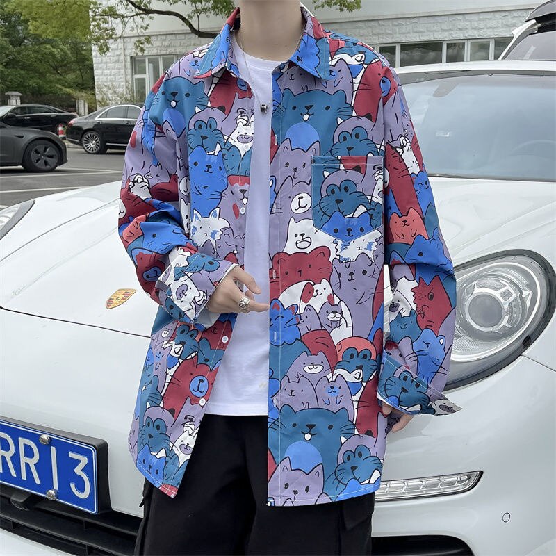 Panda Graffiti Men Casual Shirts Long Sleeve Fashion Oversized Male Cardigan Harajuku Hip Hop Blouses Unisex Clothing