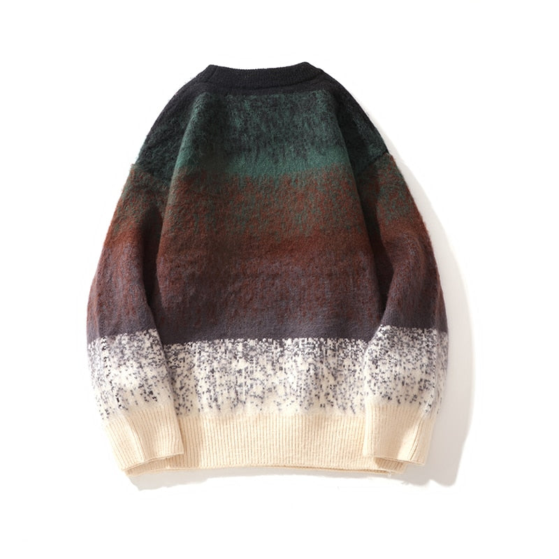 Autumn Winter Fashion Mens Sweaters Velvet Thick Long Sleeve Knit Jumper Gradient Colors Striped Patckwork Sweater Pullovers Man