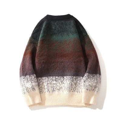 Autumn Winter Fashion Mens Sweaters Velvet Thick Long Sleeve Knit Jumper Gradient Colors Striped Patckwork Sweater Pullovers Man